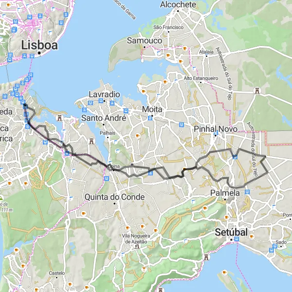 Map miniature of "Discovering Palmela and Corroios" cycling inspiration in Área Metropolitana de Lisboa, Portugal. Generated by Tarmacs.app cycling route planner