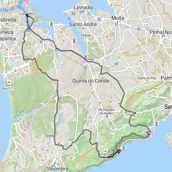 Miniatura do mapa de inspiração para ciclismo "Arrábida e Bacalhoa" em Área Metropolitana de Lisboa, Portugal. Gerado pelo planejador de rotas de ciclismo Tarmacs.app