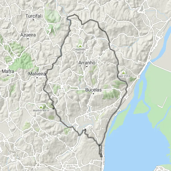 Miniatura do mapa de inspiração para ciclismo "Rota dos Vinhos e Miradouros" em Área Metropolitana de Lisboa, Portugal. Gerado pelo planejador de rotas de ciclismo Tarmacs.app