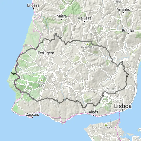 Miniatura do mapa de inspiração para ciclismo "Desafio de Aviões a Monfirre" em Área Metropolitana de Lisboa, Portugal. Gerado pelo planejador de rotas de ciclismo Tarmacs.app