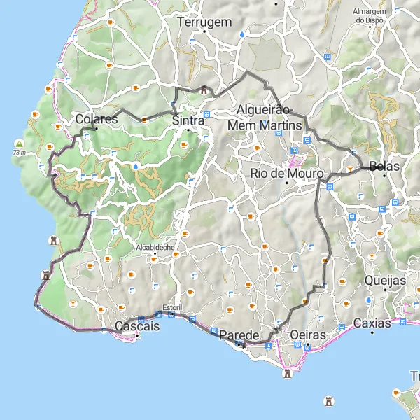 Miniatura do mapa de inspiração para ciclismo "Caminho Pitoresco de Agualva-Cacém a Suimo" em Área Metropolitana de Lisboa, Portugal. Gerado pelo planejador de rotas de ciclismo Tarmacs.app