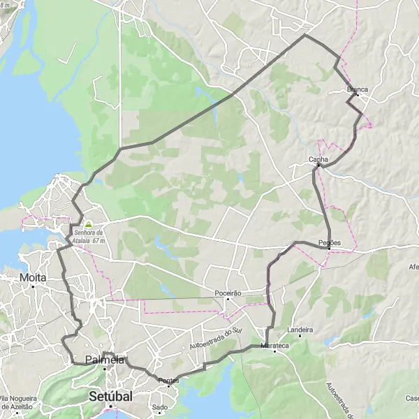 Miniatura do mapa de inspiração para ciclismo "Exploração Total de Palmela" em Área Metropolitana de Lisboa, Portugal. Gerado pelo planejador de rotas de ciclismo Tarmacs.app