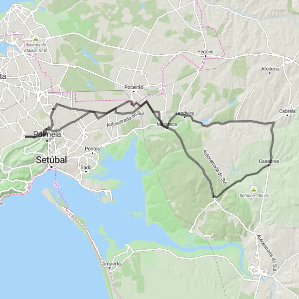 Map miniature of "Águas de Moura Circuit" cycling inspiration in Área Metropolitana de Lisboa, Portugal. Generated by Tarmacs.app cycling route planner