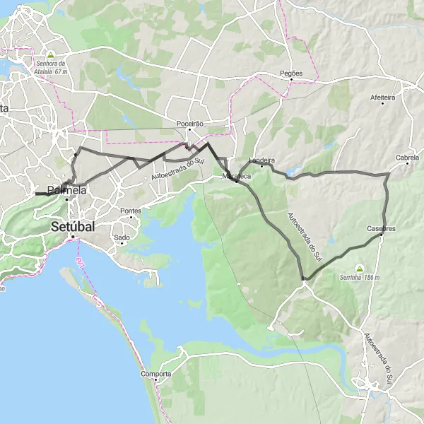 Miniatura do mapa de inspiração para ciclismo "Desafio de Palmela e Alcácer" em Área Metropolitana de Lisboa, Portugal. Gerado pelo planejador de rotas de ciclismo Tarmacs.app