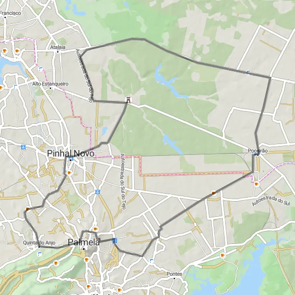 Map miniature of "Quinta do Anjo to Palmela Loop" cycling inspiration in Área Metropolitana de Lisboa, Portugal. Generated by Tarmacs.app cycling route planner