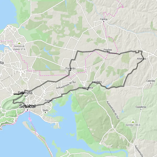 Miniatura do mapa de inspiração para ciclismo "Exploração da Serra de Arrábida" em Área Metropolitana de Lisboa, Portugal. Gerado pelo planejador de rotas de ciclismo Tarmacs.app