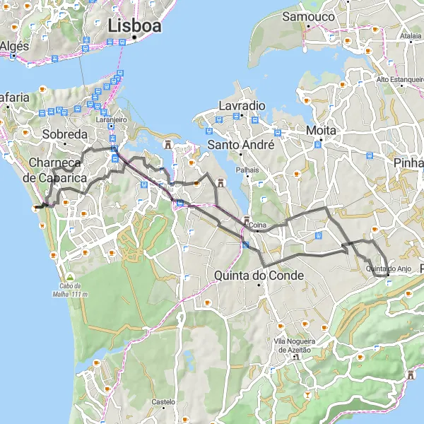 Miniatura do mapa de inspiração para ciclismo "Rota pela Costa Sul" em Área Metropolitana de Lisboa, Portugal. Gerado pelo planejador de rotas de ciclismo Tarmacs.app