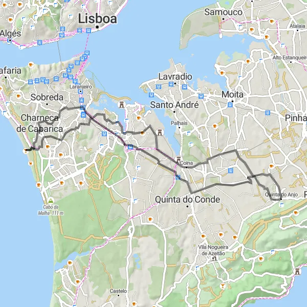 Map miniature of "Coina Viewpoints" cycling inspiration in Área Metropolitana de Lisboa, Portugal. Generated by Tarmacs.app cycling route planner