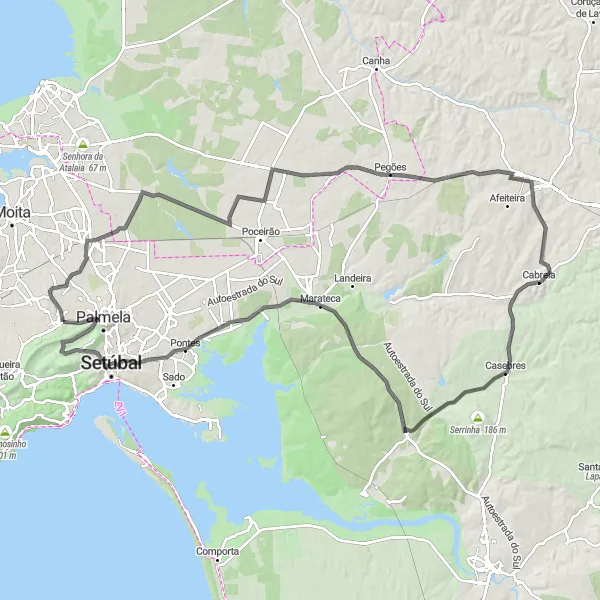 Miniatura do mapa de inspiração para ciclismo "Desafio Costeiro de Setúbal" em Área Metropolitana de Lisboa, Portugal. Gerado pelo planejador de rotas de ciclismo Tarmacs.app
