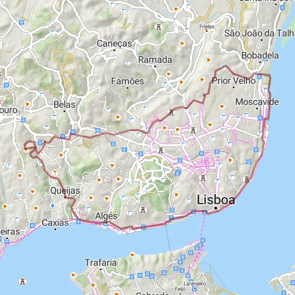 Miniatura do mapa de inspiração para ciclismo "Rota de Gravel Telheiras - Barcarena" em Área Metropolitana de Lisboa, Portugal. Gerado pelo planejador de rotas de ciclismo Tarmacs.app