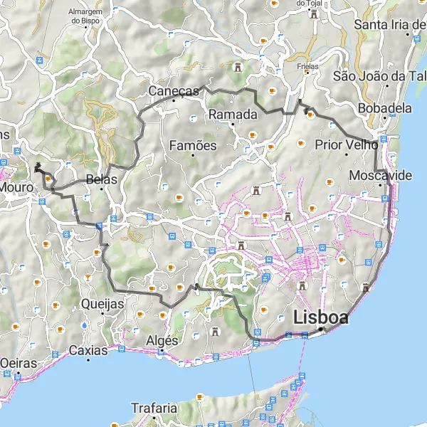 Miniatura do mapa de inspiração para ciclismo "Percurso Cénico passando por Fetais e Monsanto" em Área Metropolitana de Lisboa, Portugal. Gerado pelo planejador de rotas de ciclismo Tarmacs.app