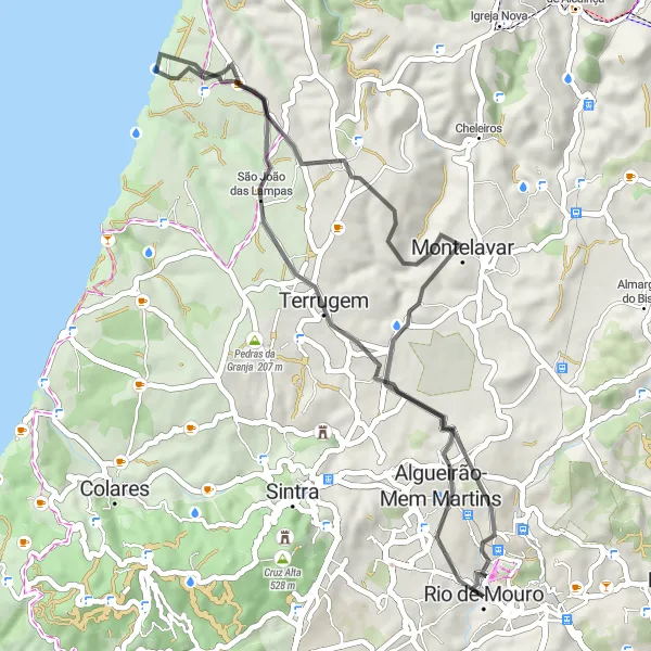 Miniatura do mapa de inspiração para ciclismo "Rota de Estrada Montelavar - Rio de Mouro" em Área Metropolitana de Lisboa, Portugal. Gerado pelo planejador de rotas de ciclismo Tarmacs.app
