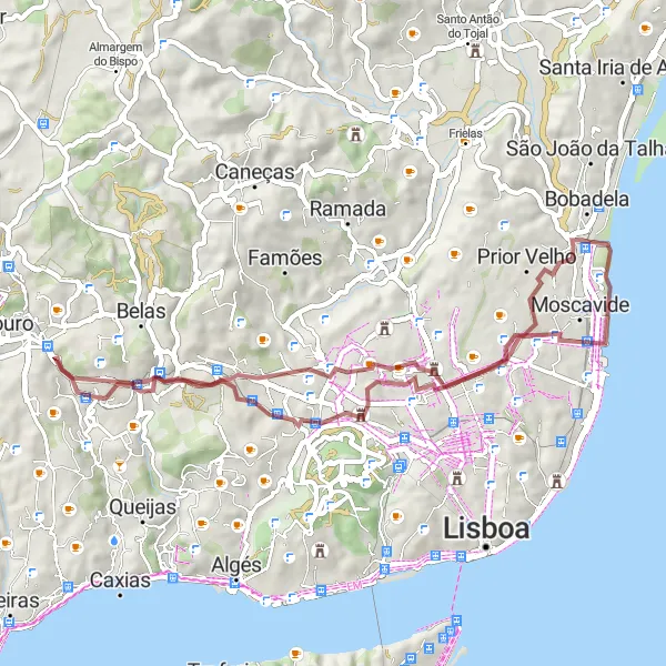 Miniatura do mapa de inspiração para ciclismo "Rota de Gravel Telheiras-Prior Velho" em Área Metropolitana de Lisboa, Portugal. Gerado pelo planejador de rotas de ciclismo Tarmacs.app