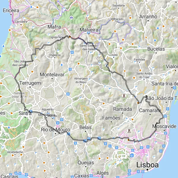 Miniatura do mapa de inspiração para ciclismo "Rota de Estrada Telheiras-Sacavém" em Área Metropolitana de Lisboa, Portugal. Gerado pelo planejador de rotas de ciclismo Tarmacs.app