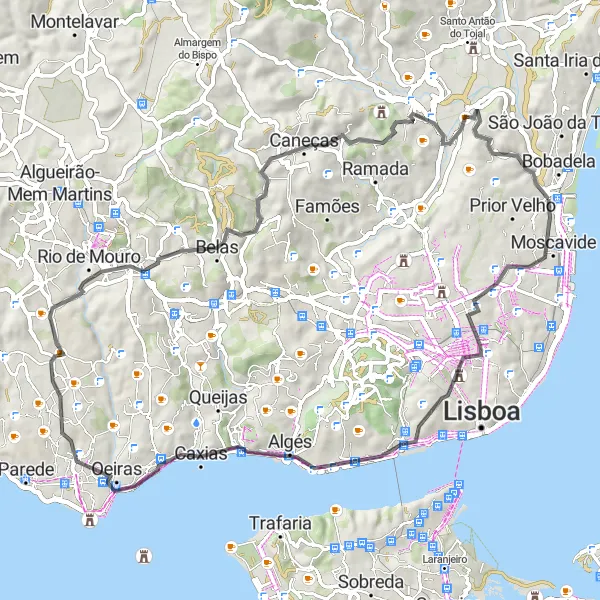 Miniatura do mapa de inspiração para ciclismo "Rota do Palácio da Cova da Moura" em Área Metropolitana de Lisboa, Portugal. Gerado pelo planejador de rotas de ciclismo Tarmacs.app