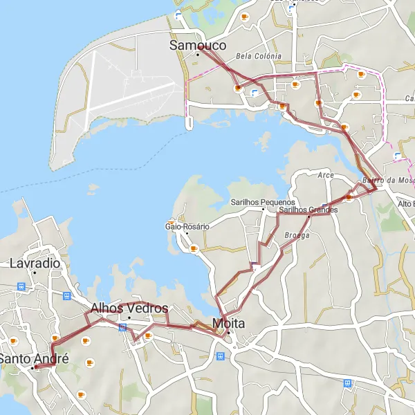 Map miniature of "Gravel Adventure from Samouco to Montijo" cycling inspiration in Área Metropolitana de Lisboa, Portugal. Generated by Tarmacs.app cycling route planner