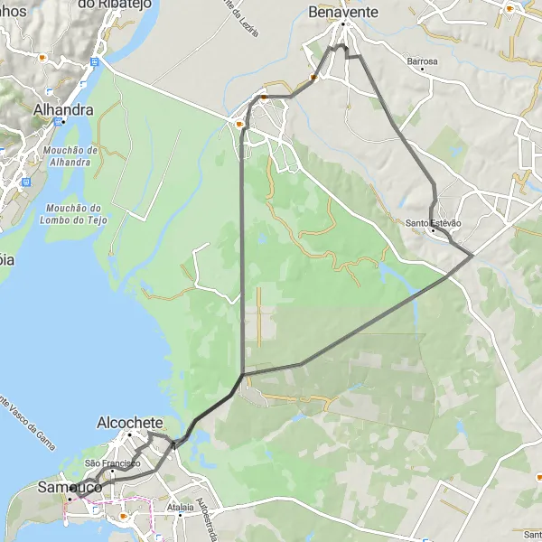 Map miniature of "Samouco to Santo Estêvão Loop" cycling inspiration in Área Metropolitana de Lisboa, Portugal. Generated by Tarmacs.app cycling route planner