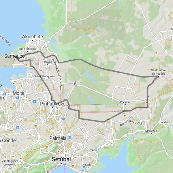 Map miniature of "Samouco to Santo Isidro de Pegões Loop" cycling inspiration in Área Metropolitana de Lisboa, Portugal. Generated by Tarmacs.app cycling route planner