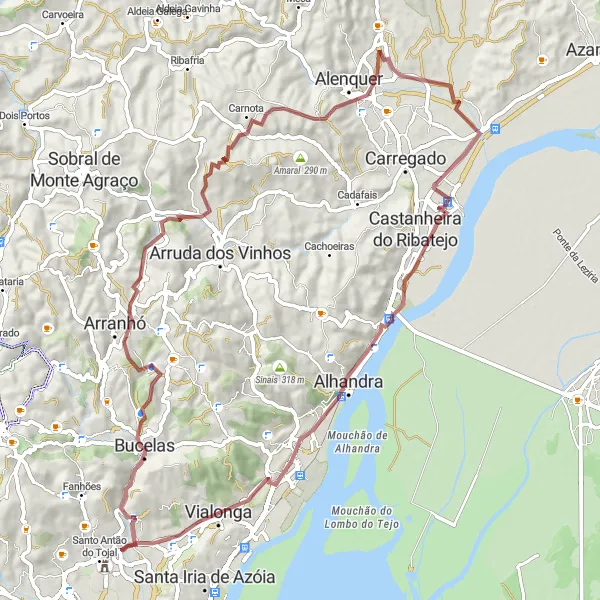 Miniatura do mapa de inspiração para ciclismo "Desafio Gravel pelas Colinas de Bucelas" em Área Metropolitana de Lisboa, Portugal. Gerado pelo planejador de rotas de ciclismo Tarmacs.app