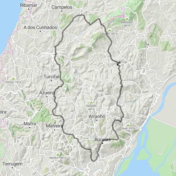 Miniatura do mapa de inspiração para ciclismo "Desafio das Colinas de Lisboa" em Área Metropolitana de Lisboa, Portugal. Gerado pelo planejador de rotas de ciclismo Tarmacs.app