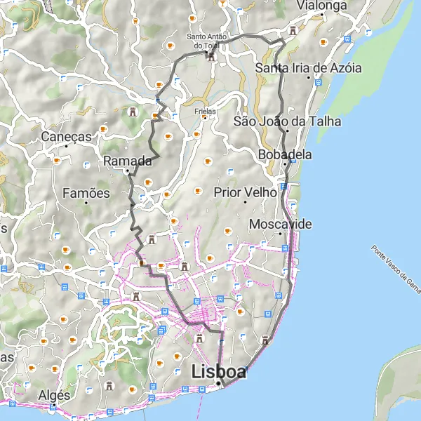 Miniatura do mapa de inspiração para ciclismo "Ciclovia das Aldeias Rurais" em Área Metropolitana de Lisboa, Portugal. Gerado pelo planejador de rotas de ciclismo Tarmacs.app