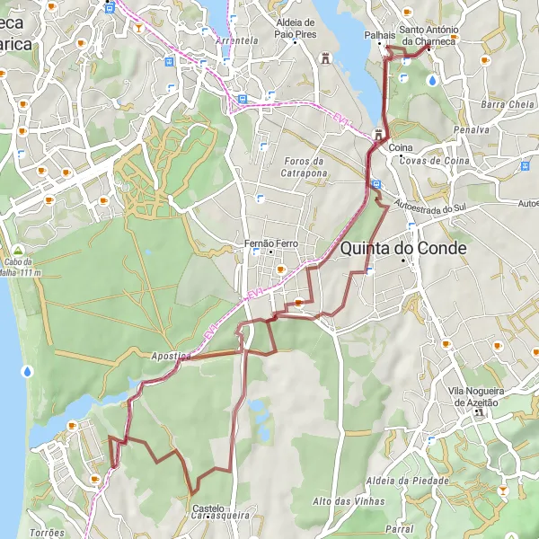 Map miniature of "Santo António da Charneca Gravel Loop" cycling inspiration in Área Metropolitana de Lisboa, Portugal. Generated by Tarmacs.app cycling route planner