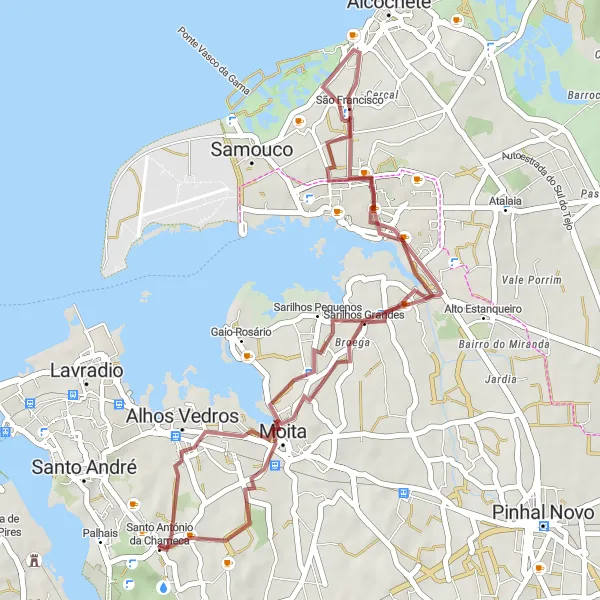 Map miniature of "Gravel route from Santo António da Charneca to Alhos Vedros" cycling inspiration in Área Metropolitana de Lisboa, Portugal. Generated by Tarmacs.app cycling route planner