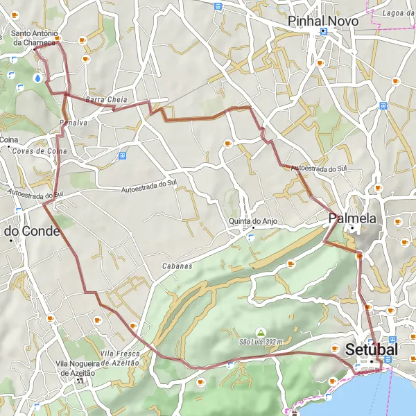 Map miniature of "Gravel challenge from Santo António da Charneca to Palácio e Quinta da Bacalhoa" cycling inspiration in Área Metropolitana de Lisboa, Portugal. Generated by Tarmacs.app cycling route planner