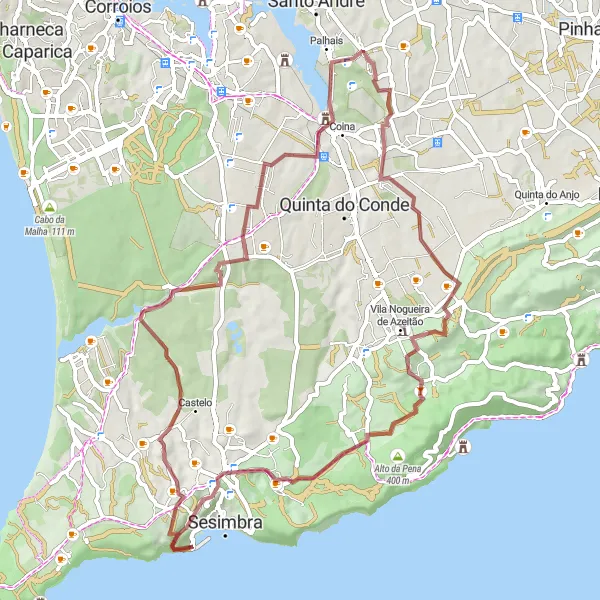 Map miniature of "Challenging Gravel Route near Santo António da Charneca" cycling inspiration in Área Metropolitana de Lisboa, Portugal. Generated by Tarmacs.app cycling route planner