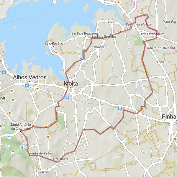 Map miniature of "Gravel adventure from Santo António da Charneca to Alto Estanqueiro" cycling inspiration in Área Metropolitana de Lisboa, Portugal. Generated by Tarmacs.app cycling route planner