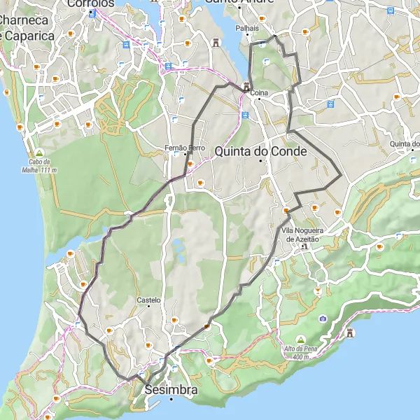 Map miniature of "Road exploration from Santo António da Charneca to Palhais" cycling inspiration in Área Metropolitana de Lisboa, Portugal. Generated by Tarmacs.app cycling route planner