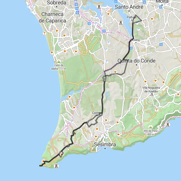 Map miniature of "Road challenge from Santo António da Charneca to Coina" cycling inspiration in Área Metropolitana de Lisboa, Portugal. Generated by Tarmacs.app cycling route planner