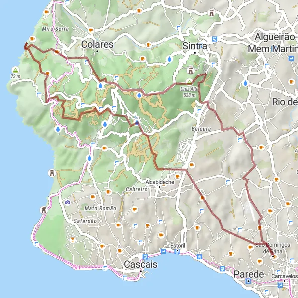 Map miniature of "Gravel Route from São Domingos de Rana" cycling inspiration in Área Metropolitana de Lisboa, Portugal. Generated by Tarmacs.app cycling route planner