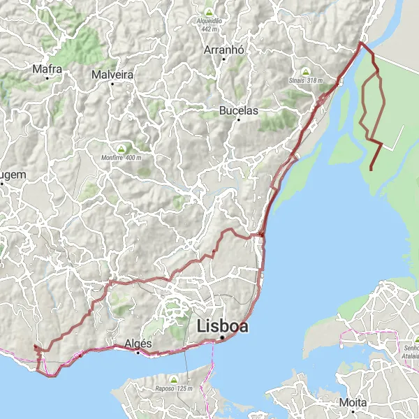 Map miniature of "Extended Gravel Adventure from São Domingos de Rana" cycling inspiration in Área Metropolitana de Lisboa, Portugal. Generated by Tarmacs.app cycling route planner