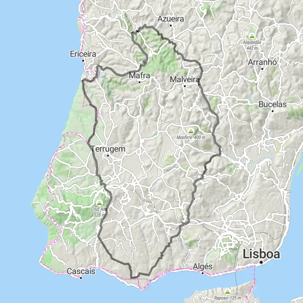 Map miniature of "Circular Road Route: Cabo da Roca & Sintra" cycling inspiration in Área Metropolitana de Lisboa, Portugal. Generated by Tarmacs.app cycling route planner