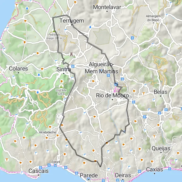 Miniatura do mapa de inspiração para ciclismo "Trilho das Pedras da Granja Road" em Área Metropolitana de Lisboa, Portugal. Gerado pelo planejador de rotas de ciclismo Tarmacs.app