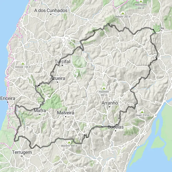 Miniatura do mapa de inspiração para ciclismo "Desafio de Ciclismo em Estradas Pintorescas" em Área Metropolitana de Lisboa, Portugal. Gerado pelo planejador de rotas de ciclismo Tarmacs.app