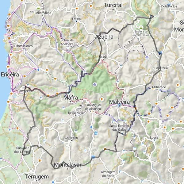 Miniatura do mapa de inspiração para ciclismo "Rota de Ciclismo de Estrada com Belas Paisagens" em Área Metropolitana de Lisboa, Portugal. Gerado pelo planejador de rotas de ciclismo Tarmacs.app