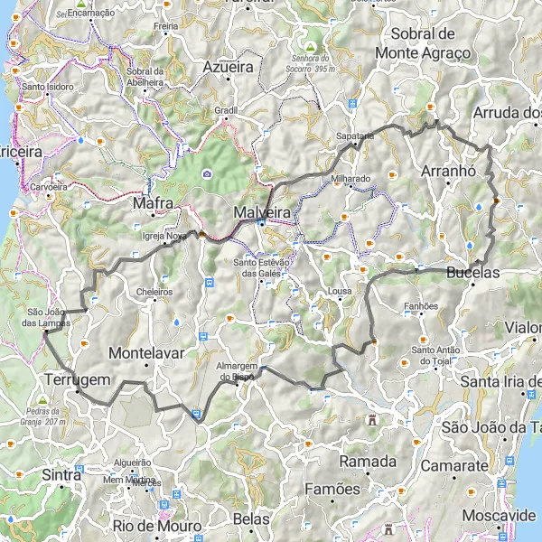 Miniatura do mapa de inspiração para ciclismo "Aventura Cênica em Estradas de Asfalto" em Área Metropolitana de Lisboa, Portugal. Gerado pelo planejador de rotas de ciclismo Tarmacs.app