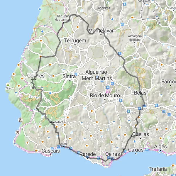Miniatura do mapa de inspiração para ciclismo "Volta pela Costa de Estoril" em Área Metropolitana de Lisboa, Portugal. Gerado pelo planejador de rotas de ciclismo Tarmacs.app