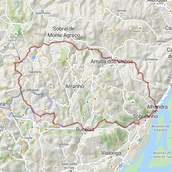 Miniatura do mapa de inspiração para ciclismo "Caminho do Tejo e Vinho" em Área Metropolitana de Lisboa, Portugal. Gerado pelo planejador de rotas de ciclismo Tarmacs.app