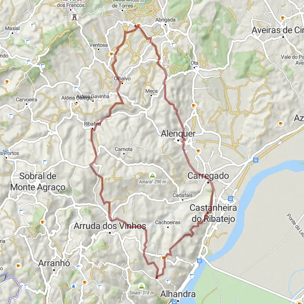 Miniatura do mapa de inspiração para ciclismo "Rota dos Moinhos e Ribeiros" em Área Metropolitana de Lisboa, Portugal. Gerado pelo planejador de rotas de ciclismo Tarmacs.app