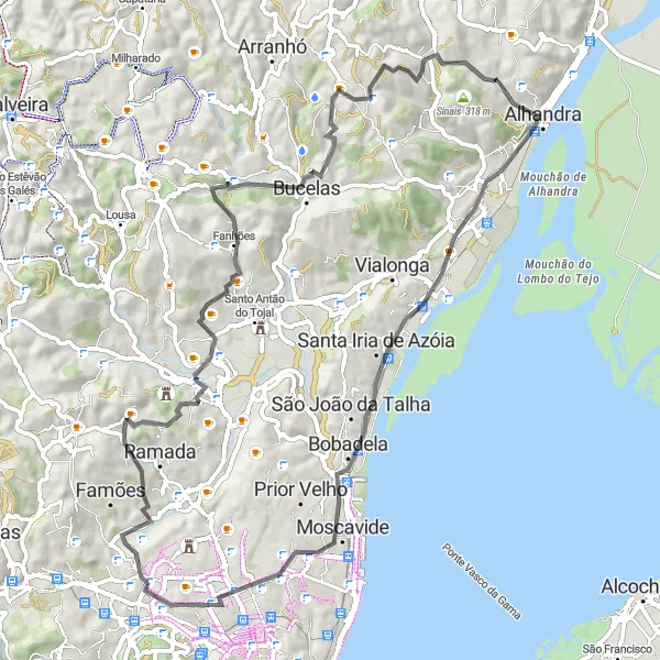 Miniatura do mapa de inspiração para ciclismo "Circuito das Colinas e Miradouros" em Área Metropolitana de Lisboa, Portugal. Gerado pelo planejador de rotas de ciclismo Tarmacs.app