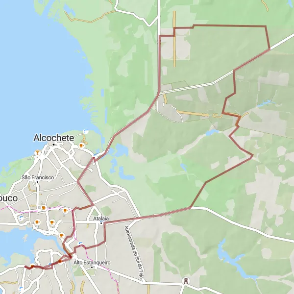 Map miniature of "Scenic Gravel Ride through Senhora da Atalaia and Palácio e Quinta da Bacalhoa" cycling inspiration in Área Metropolitana de Lisboa, Portugal. Generated by Tarmacs.app cycling route planner