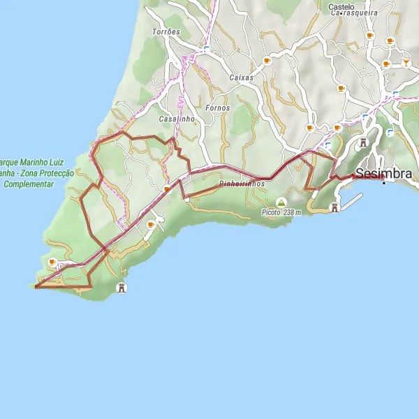Miniatura do mapa de inspiração para ciclismo "Rota de Gravilha com Destaques Históricos em Sesimbra" em Área Metropolitana de Lisboa, Portugal. Gerado pelo planejador de rotas de ciclismo Tarmacs.app