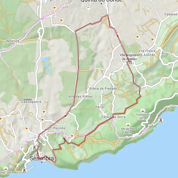 Miniatura do mapa de inspiração para ciclismo "Exploração de Gravilha em Sesimbra" em Área Metropolitana de Lisboa, Portugal. Gerado pelo planejador de rotas de ciclismo Tarmacs.app