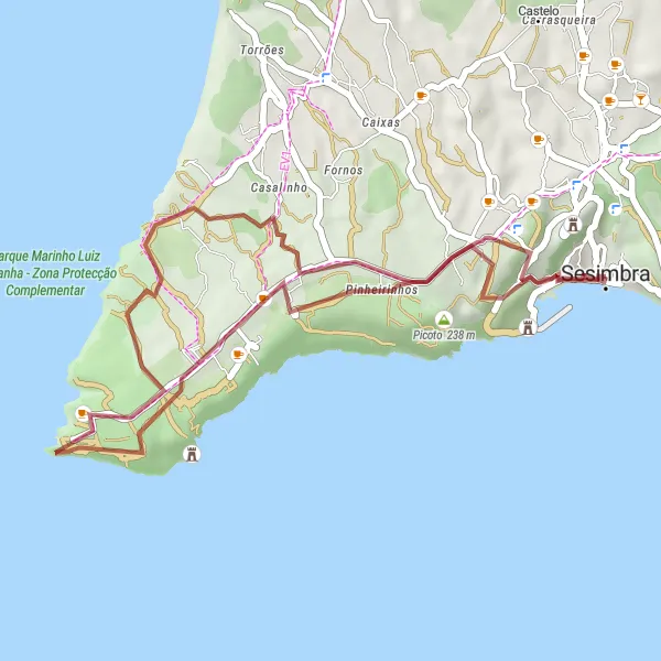 Miniatura do mapa de inspiração para ciclismo "Rota dos Dinossauros de Sesimbra" em Área Metropolitana de Lisboa, Portugal. Gerado pelo planejador de rotas de ciclismo Tarmacs.app
