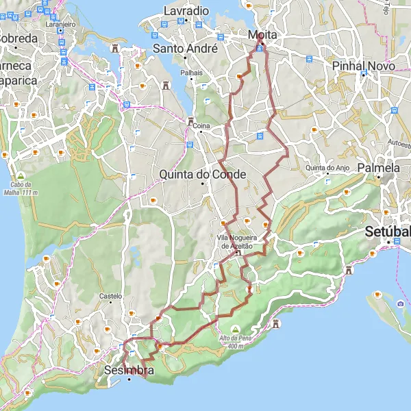 Miniatura do mapa de inspiração para ciclismo "Rota da Bacalhoa e Vila Nogueira de Azeitão" em Área Metropolitana de Lisboa, Portugal. Gerado pelo planejador de rotas de ciclismo Tarmacs.app