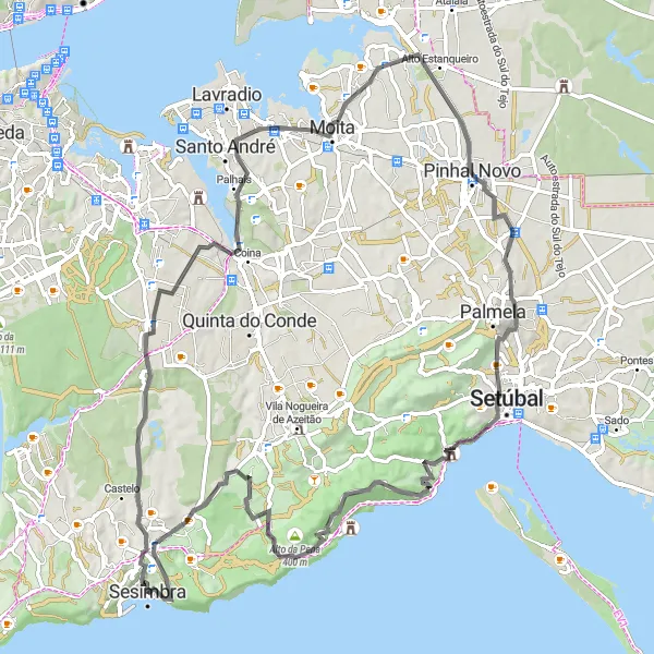 Miniatura do mapa de inspiração para ciclismo "Desafio Ciclístico pela Região de Sesimbra" em Área Metropolitana de Lisboa, Portugal. Gerado pelo planejador de rotas de ciclismo Tarmacs.app
