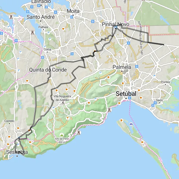 Miniatura do mapa de inspiração para ciclismo "Rota de Azeitão e Sesimbra" em Área Metropolitana de Lisboa, Portugal. Gerado pelo planejador de rotas de ciclismo Tarmacs.app